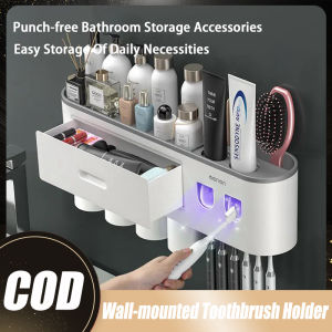 Wall-mounted toothbrush holder with 2 toothpaste dispenser punch-free bathroom storage for home waterproof accessories