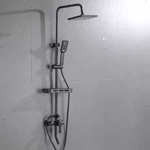 4-in-1 black square showerhead with stainless steel embedded shower column set pressurized shower with storage rack