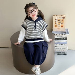 Girls Fashionable Korean Style Three-Piece Set Striped Vest Autumn Outfit Childrens Clothing Long Sleeve Long Pants