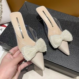Womens Summer 2022 Pearl Butterfly Knot Half Slip-On Pointed Toe Thick Heel Sandals Roman Style mid Heel Rubber Outsole