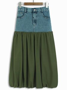 Niche Design Denim Patchwork Lantern Dress K-style 2024 Summer Dress High Waist Slim Looking Mid Length Long Length Fashion Pettiskirt