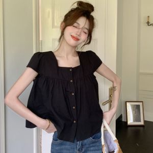 Áo Sơ Mi Nữ Tay Ngắn Cổ Vuông Phong Cách Hàn Quốc Mùa Hè 2025 Mới Ngọt Ngào Tươi Mới Thường Ngày Thường Ngày