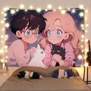 VIKAMA Đêm Mèo Cô Gái Cặp Đôi Anime Thảm Treo Tường Thẩm Mỹ Trang Trí Nhà Cho Phòng Ngủ Phòng Khách Ký Túc Xá Dễ Thương Buins