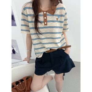 YUEZHONGWEI | Áo Thun Polo Sọc Đối Lập Cổ Tròn Kẻ Băng Siêu Mịn Dệt Kim Ôm Body Mới Hè