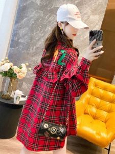 Red Plaid Long Sleeve Womens Shirt Spring Autumn Fashion Sensation Korean Style POLO Collar Button up High Waist Type Coat