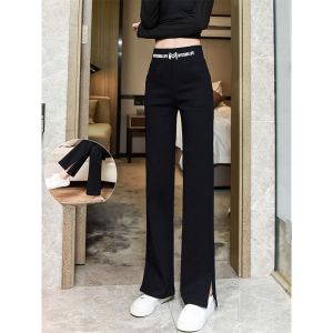 WANGGONGZHU | Black High Waist Drapey Slit Wide Leg Pants Women Spring Autumn New Loose Slim Straight Leg Pants Fashion Floor-Length Pants