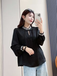 Embroidered Chinese-Style Shirt for Women Loose Fit Large Size Spring 2024 Fashion Work Clothing With Stand Collar