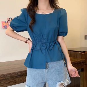 WANGGONGZHU | Square Collar Asymmetrical Chiffon Shirt Women Summer New Large Size Design Sensation Niche Top Waist Inward Slimming Effect