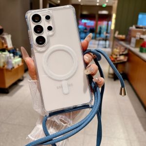 S26 Ultra Magnetic Case Shockproof For Samsung Galaxy S25 S23 S24 Plus Crossbody Lanyard Cord Hard Plastic Clear Strap Cover