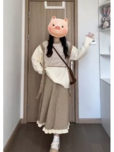 Bộ Váy Kẻ Sọc Hai Mảnh Thoải Mái Cho Nữ Mùa Thu Đông Thiết Kế Mới Cảm Giác Nhỏ Giả Hai Mảnh Váy Midi Cạp Cao