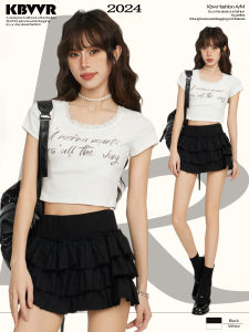 Spicy Girl White Belly Button Short Sleeve T-Shirt Women Summer American Sweet Jazz Lace Short Style Small Top for Ladies