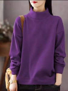 เสื้อฮู้ดคอกลมแขนยาวผ้าฝ้ายแท้หลวมๆ สไตล์ลำลองสำหรับผู้หญิงไซส์ใหญ่ เสื้อเชิ้ตพื้นฐานพิมพ์ลายแฟชั่นฤดูใบไม้ร่วง/ฤดูหนาว