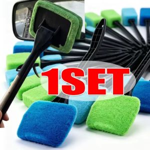 Detachable Portable Glass Clean Tool with Extended PP Handle Reusable Microfiber Cloth 180° Rotatable Car Window and Windshield Cleaning Brush Set Anti-Scratch Glass Wiper