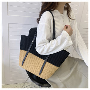 L&L Women Straw Tote Bag Large Capacity / Summer Leather Strap Handmade Shoulder / Casual Bohemian Style Rattan Picnic Shopping Beg Tangan Wanita Saiz Besar