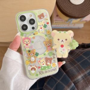 Cute Cartoon Four Leaf Clover Bear Magnetic Phone Stand Compatible with  17 15 Creative Fun 14 pro Womens Model 13 Ultra Popular Protective Case