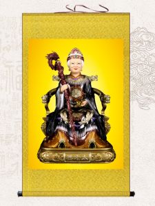 Black Mother Buddha Statue Silk Hanging Painting Home Worship Quatrefoil Family Chinese Traditional Style Decorative Artwork