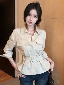 GUZILIAN | Slimming Effect Polo Collar Design Korean Style Womens Shirt With Belt Seven Sleeve Length Autumn New Fashion Top For Girls