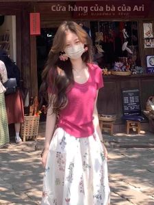 SHUQINGLAI | Áo Thun Sơ Mi Cổ U Dệt Kim Tay Ngắn Thiết Kế Giảm Béo Cho Phụ Nữ Mùa Hè