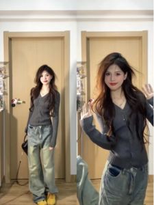 เสื้อคาร์ดิแกนถักคอวีแขนยาวสีเทาสำหรับผู้หญิงในฤดูใบไม้ร่วง เสื้อคลุมกันหนาวแบบสวมหัวทรงสลิมฟิตสไตล์เกาหลี