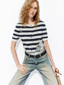 MO&Co. | Moomin Series Summer Silk Cotton Linen Blue Stripe Knit Cardigan