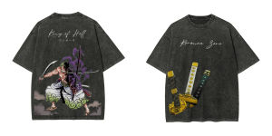 Bandai | ONE PIECE Zoro King of Hell Vintage Washed T-Shirt Three Knives Ghost Purple Fire Old Loose Anime Street Short Sleeve Summer Top