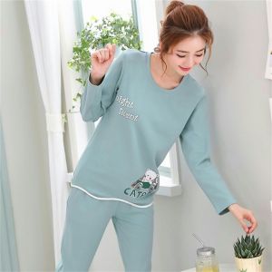 Spring and Autumn Pajamas Female Fall and Winter Pure Cotton Long Sleeve Top Long Pants Minimalist Casual Students Can Outwear Sports Home Wear Suit