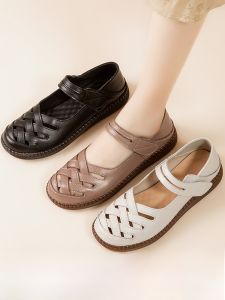 SHIPAILUO | Breathable Genuine Leather Sandals For Middle-Aged Women Flat Heel Casual Slip-On Shoes With Magic Tape Comfortable Summer Sandals