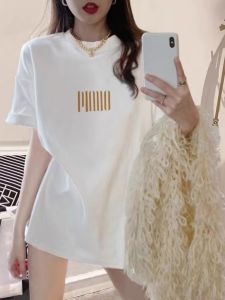 เสื้อยืดคอกลมแขนสั้นผ้าฝ้ายแท้หลวมสไตล์ยุโรปสำหรับผู้หญิง ฤดูร้อน 2025 เสื้อตัวบนแขนยาวครึ่งตัว แฟชั่นเสื้อผ้าทำงาน