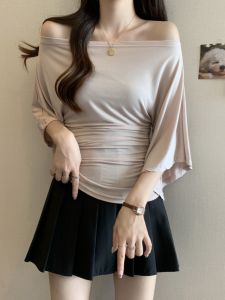Off Shoulder Slim Waist Cover Belly Top 3/4 Sleeve