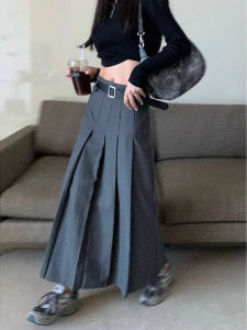 กระโปรงสั้นทรงเอเอวสูงสีเทาสำหรับผู้หญิง สไตล์วิทยาลัย กระโปรงสั้นทรงเอ กระโปรงยาวคลุมเข่า ฤดูใบไม้ร่วง 2024 สไตล์ใหม่