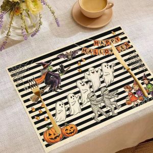 VIKAMA 2/4/6pcs Halloween Meal Mat Striped Linen Table Mat Pumpkin Ghost Witch Skull Black Cat Bat Desktop Party Decoration
