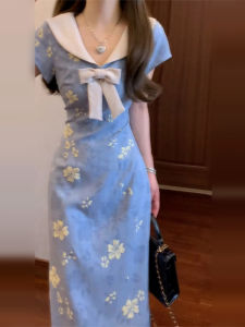 HUAYILING | Váy ngắn tay màu xanh phong cách Trung Hoa mới cho nữ mùa hè Váy dài ôm sát eo cao họa tiết hoa polyester thường ngày