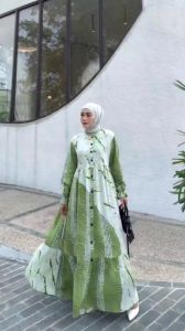 Gamis Lebaran Shalda Batik & Twill Rayon Candi Mekar Tema Basil Dress