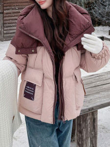 Winter New Ladies Color Block down Cotton Jacket Thickened Outerwear Cute College Style Bread Coat Casual Loose Fit Long Sleeve