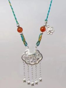 Pure Silver Pendant Necklace Womens Style Woven Rope Design Buddhist Jewelry Ancient Chinese New Fashion Sweater Chain