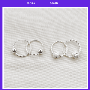 FLORA 0668B - Bông tai bạc ta xoắn mix bi cát và bi trơn dành cho bé bé sơ sinh