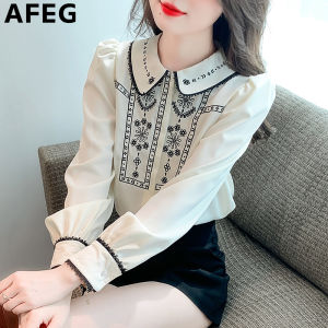 AFEG New Korean Doll Collar Fashion Loose Versatile Printed Long Sleeve Blouse for women