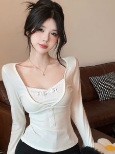 GUZILIAN | Elegant Laced Two-Piece Style Long Sleeve Knit Top