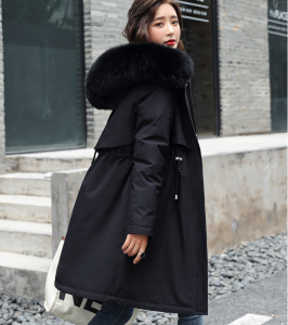 เสื้อแจ็คเก็ตผ้าฝ้ายบุขนแกะหนาสำหรับผู้หญิงไซส์ใหญ่ ฤดูใบไม้ร่วง/ฤดูหนาว ขนเป็ดบุขนแกะหนา ปกขนสัตว์ ซิป แขนยาว ทรงตรง