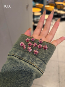 Mini Pink Flower Full Diamond Stud Earrings Cool Sweet High Aesthetic Fashion Versatile Ear Jewelry Decorative Beauty