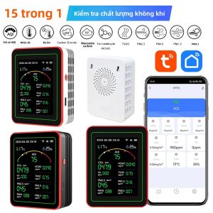 Máy Theo Dõi Chất Lượng Không Khí Trong Nhà WiFi 15 Trong 1 Màn Hình TFT Di Động Máy Kiểm Tra AQI PM0.3-PM10 Có Điều Khiển Bằng Ứng Dụng Đồng Hồ Đa Chức Năng