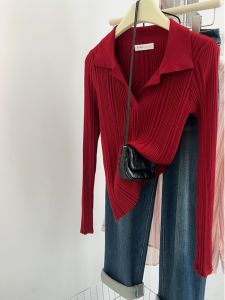 Red Polo Neck Knitted Base Shirt Womens Long Sleeve Inner Wear Casual Slim Fit Soft Comfortable Spring New Style Fashionable