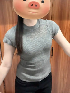 Áo Thun Tay Ngắn Cổ Tròn Bằng Lụa Băng Màu Xám Cho Nữ Mùa Hè Áo Ngắn Khoét Sâu Vai Áo Thun Đa Năng Áo Thun Thường Ngày