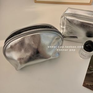Silver Cosmetic Bag Portable Travel Ins Simple Style High-End Sensation Womens Wash Bag Waterproof Storage Pouch for Skincare