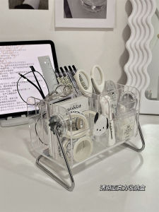 กระดุมใสอะครีลิกสำหรับเก็บของสำนักงาน ชั้นวางปากกาแบบหมุนได้สำหรับห้องทำงาน ชั้นวางของสำหรับผู้หญิง สไตล์เรียบง่าย ขนาดเล็ก