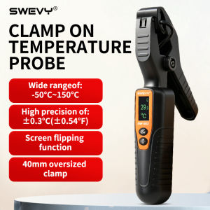 SWEVY High Accuracy Clamp On Thermometer Probe -50 To 150 Degrees Celsius 40mm Large Jaw Clamp With Screen Flip Function