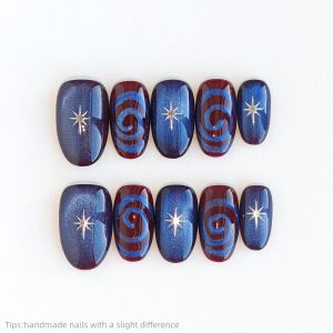 10pcs Handmade Blue Purple Star Swirl Press on Nails Short oval Wearable Reusable Shiny INS False Nails 2026