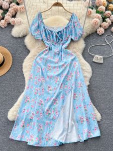 Pháp Pure Desire Cao Cấp Họa Tiết In Tay Áo Bong Bóng Đầm Nữ Mùa Hè Thon Gọn Thanh Lịch Hệ Thống Rừng Chia Dài Đầm