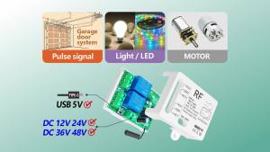 WenQia 433MHz Wireless Remote Control Switch 2 CH DC 12V 24V 36V 48V Type-C 5V RF Relay Module for Light/Fan/Motor/Garage Door Opener