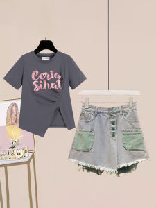 Áo Thun Tay Ngắn Mùa Hè Thời Trang Thiết Kế Bất Đối Xứng Chữ in Quần Short Denim Cạp Cao Cho Nữ Bộ Đồ Hai Mảnh Polyester